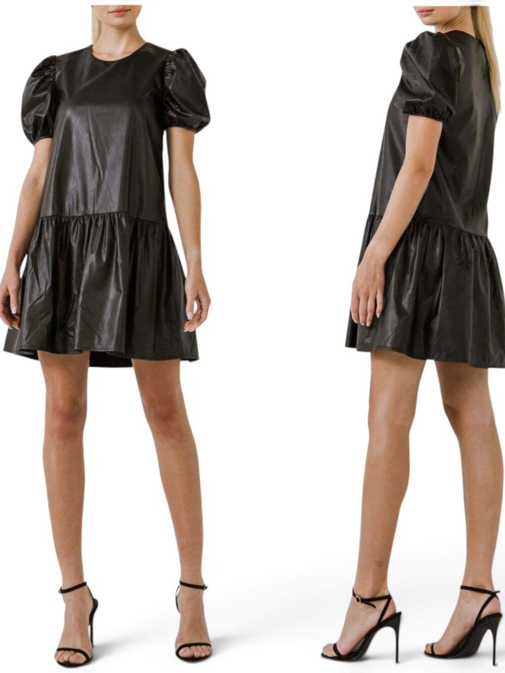 English Factory Black Faux Leather PU Puff Sleeve Mini Babydoll Dress NWT New S